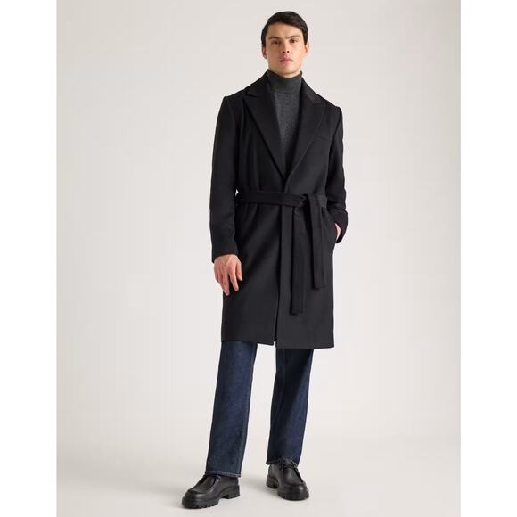 New Quince Mens Italian Wool Belted Overcoat Black Size XL $200 3446 - Picture 1 of 14